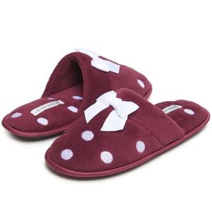 Laura Ashley Women's Embroidered Polka Dot Micro Terry Scuff Slippers with Bow